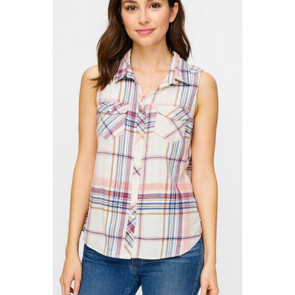 Shyanne western style plaid button up collared sleeveless top SZ M - Picture 1 of 6